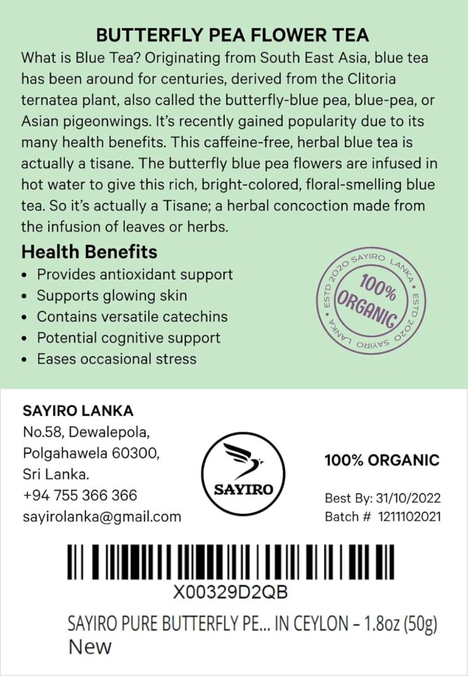 BUTTERFLY PEA FLOWER HERBAL TEA NATURAL COLORING FOR FOOD 100% ORGANIC MADE IN CEYLON – 1.8oz (50g)